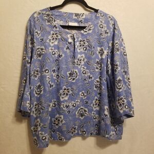 J. Jill Love Linen XLP Petite Top Blue Floral Keyhole Neck 10 Cottagecore Boho